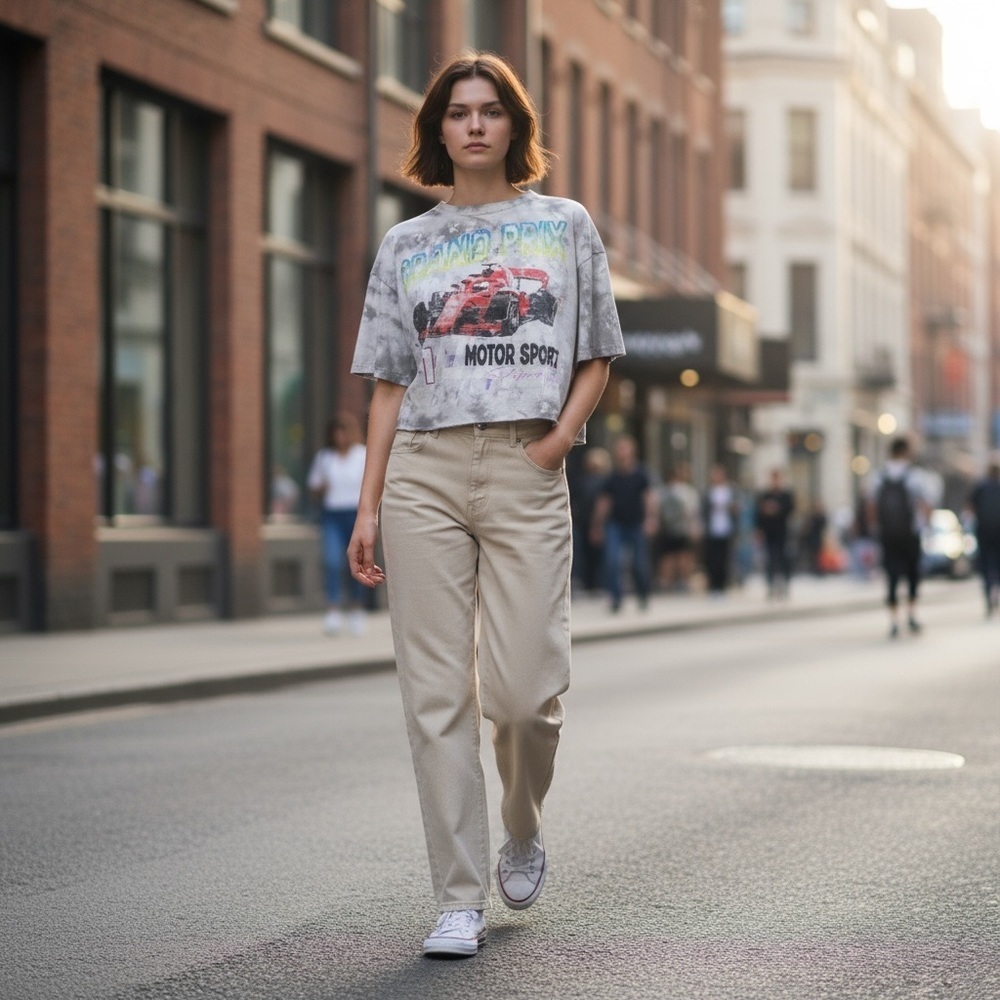 Graphic Motorsport Crop Top - Gray